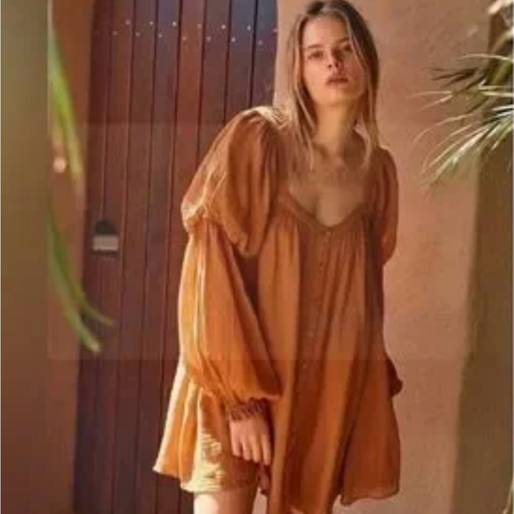 FREE PEOPLE So Fresh Tunic Oversized Top Puff Sleeve Button Down Dress Sz M NWT